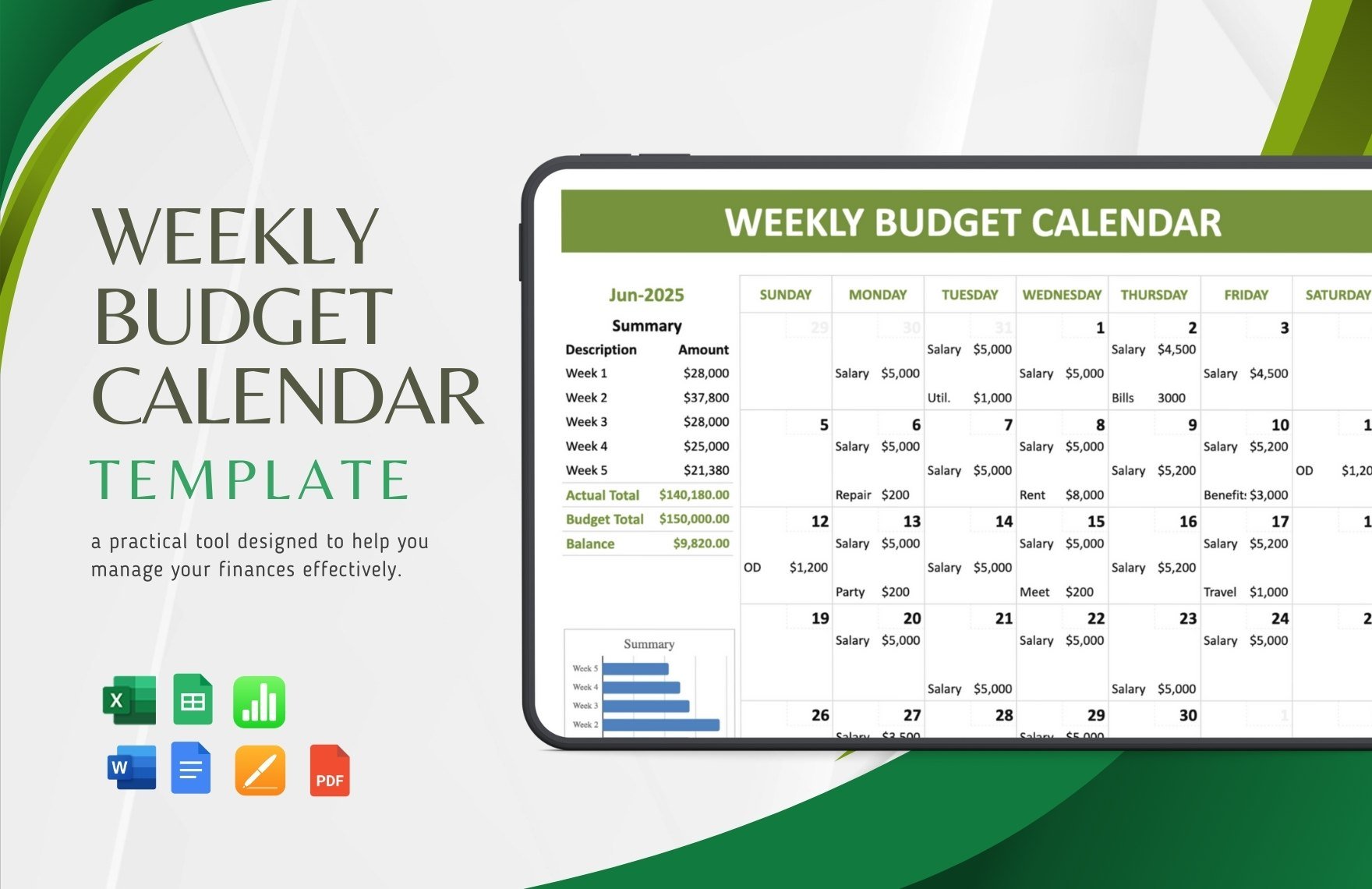 Weekly Budget Calendar Template in Word, Google Docs, Excel, PDF, Google Sheets, Apple Pages, Apple Numbers
