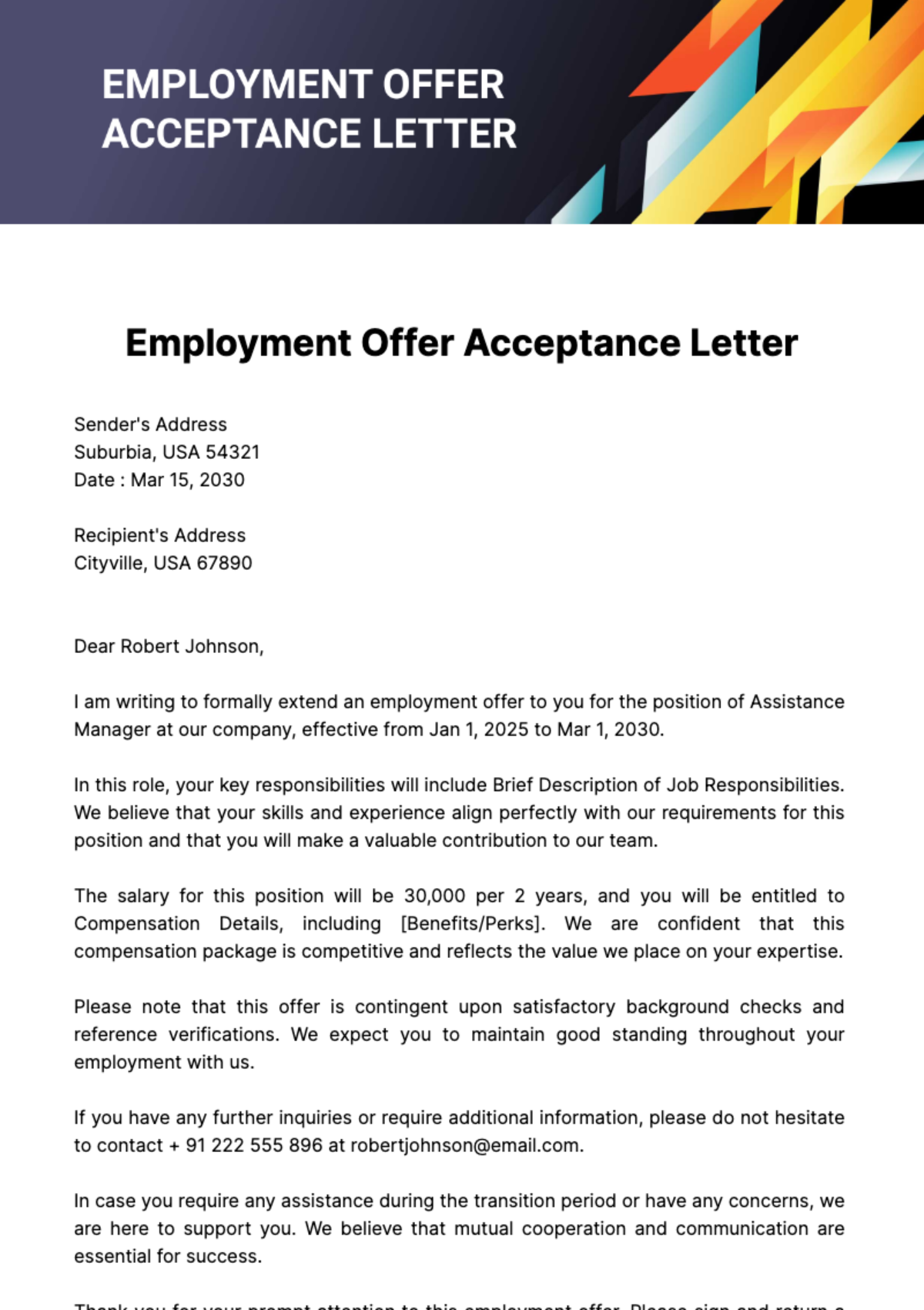 Employment Offer Acceptance Letter Template