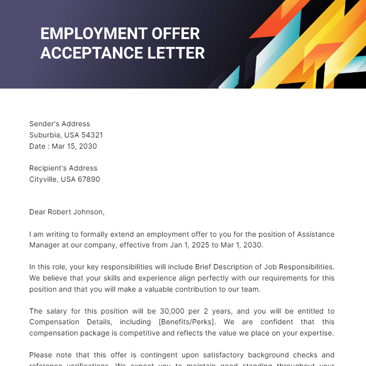 Free Employment Offer Acceptance Letter