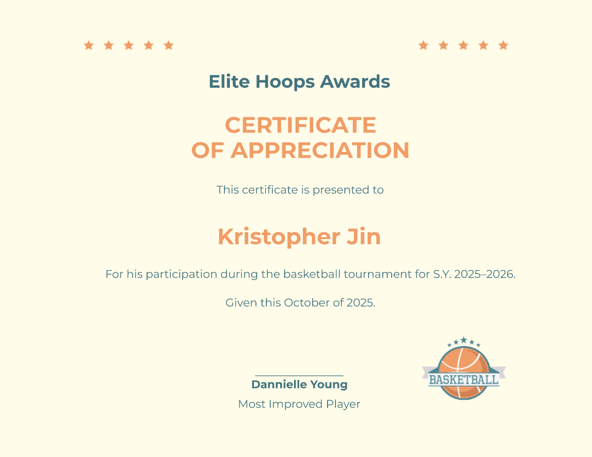 Basketball Appreciation Certificate