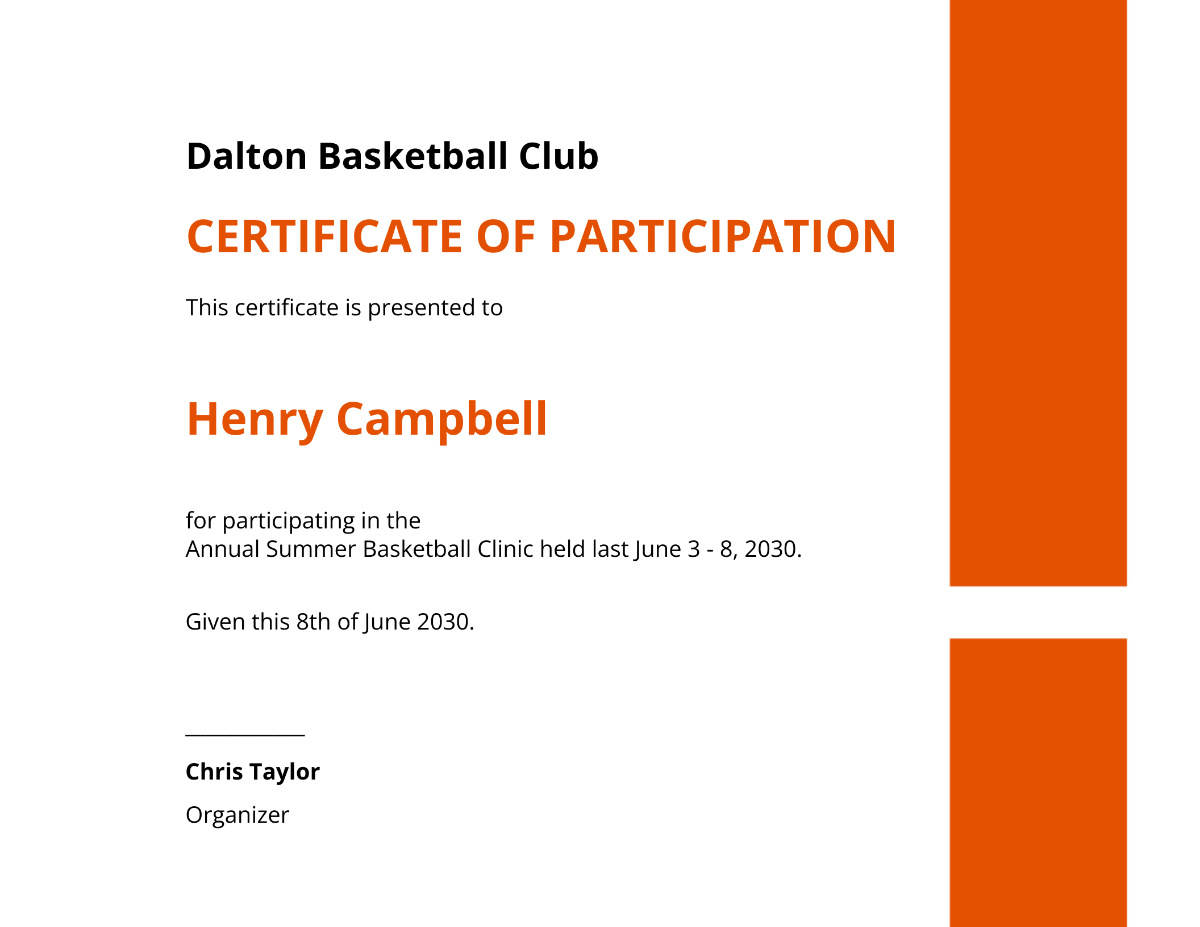 Basketball Certificate Of Participation