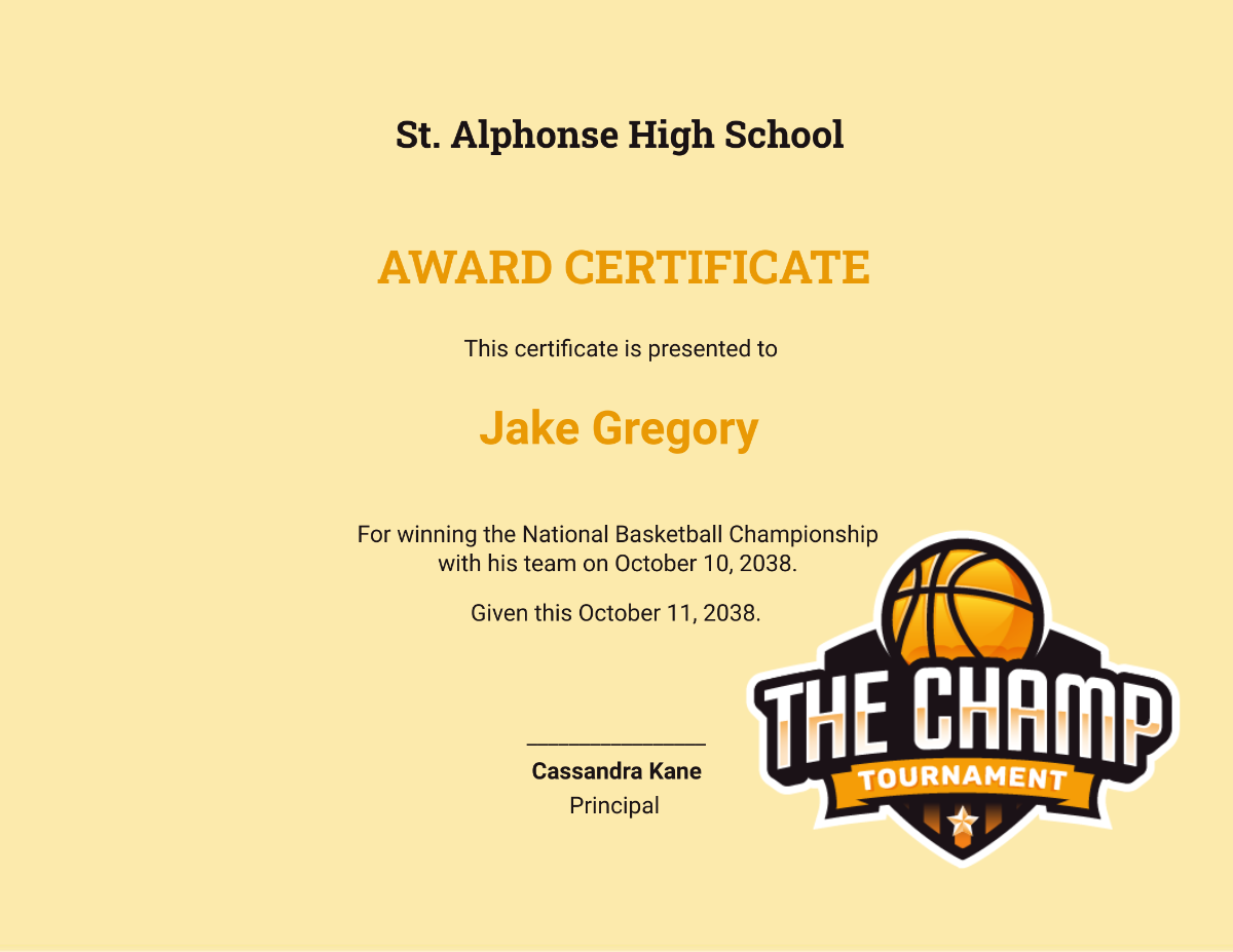 Basketball Champion Certificate
