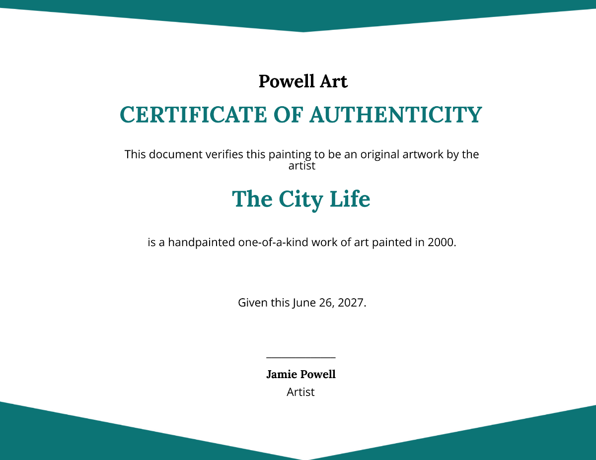 Certificate Authenticity Artwork