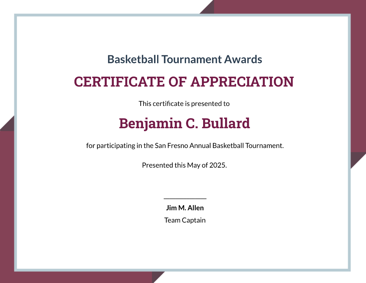 Certificate Of Appreciation For Basketball Tournament