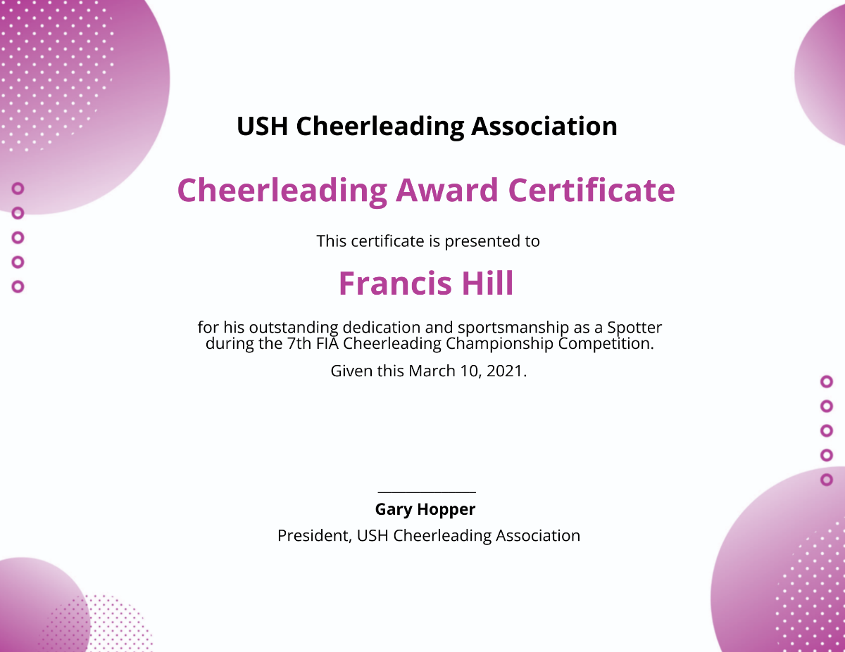 Cheerleading Award Certificate