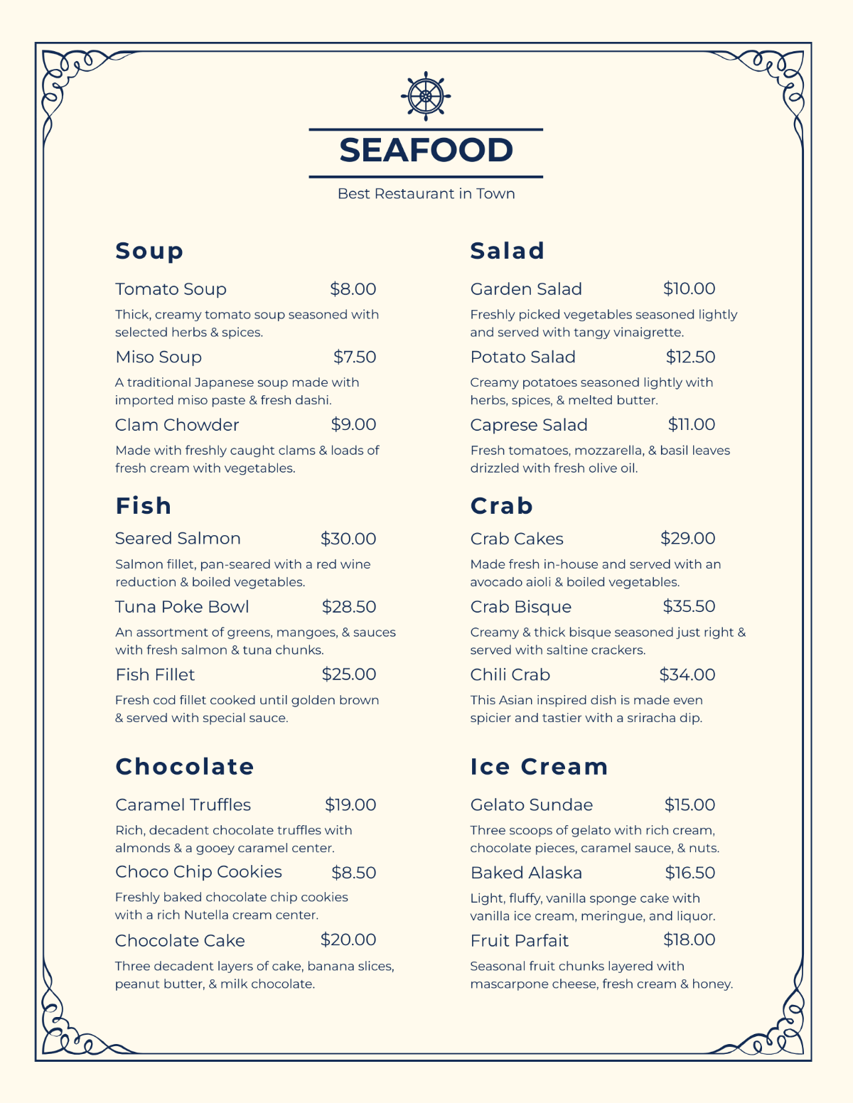 Free Downloadable Seafood Menu Template