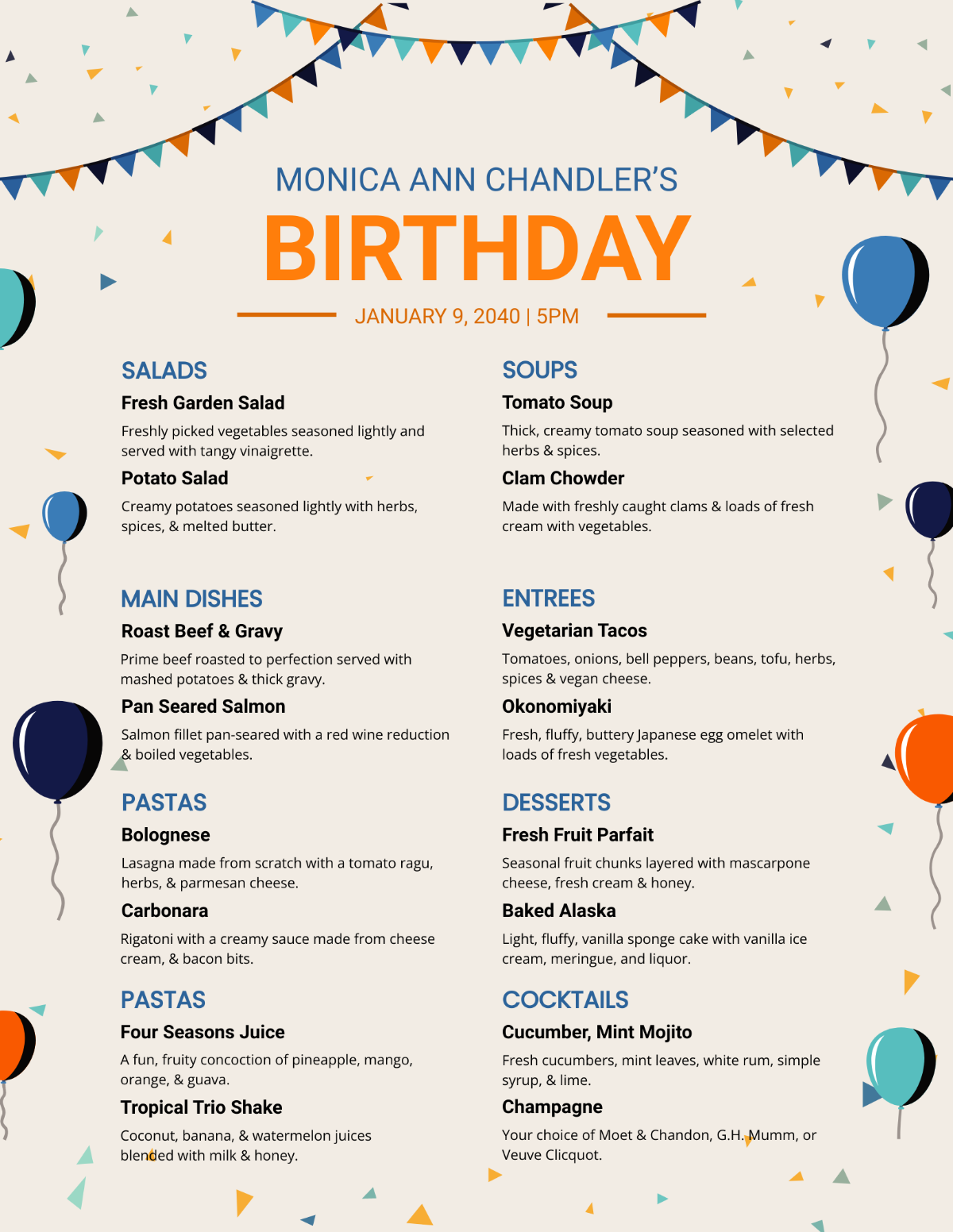 Free Editable Birthday Menu Template