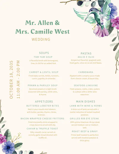 Free Five Course Wedding Menu Template to Edit Online