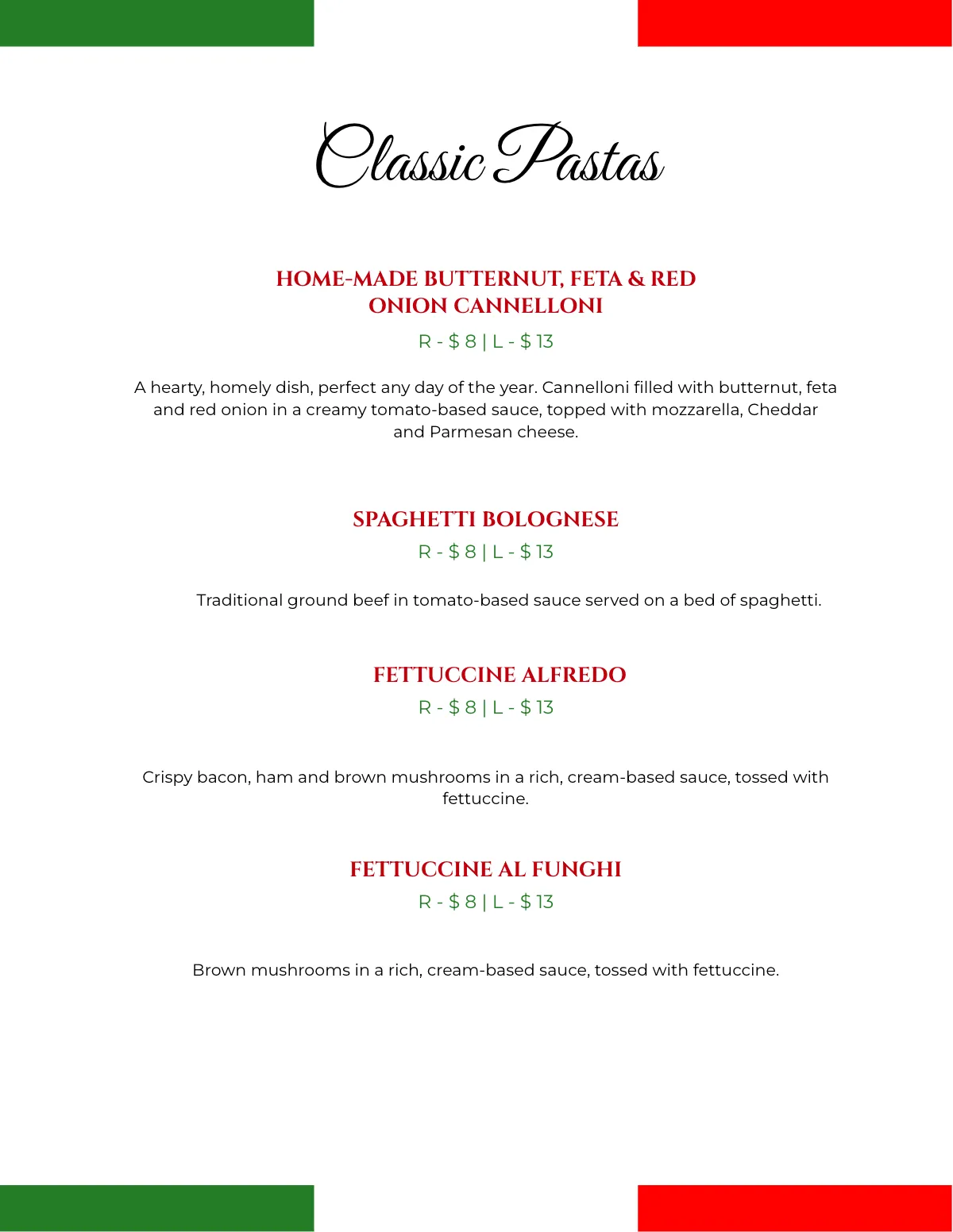 Free Italian Pasta Restaurant Menu Template to Edit Online