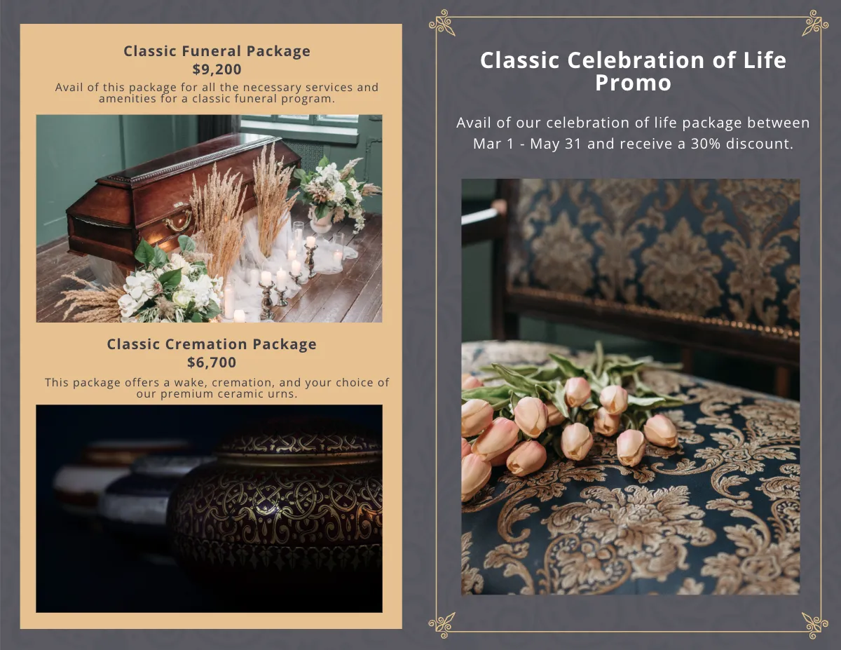 Free Classic Funeral Memorial Bi-Fold Brochure Template to Edit Online
