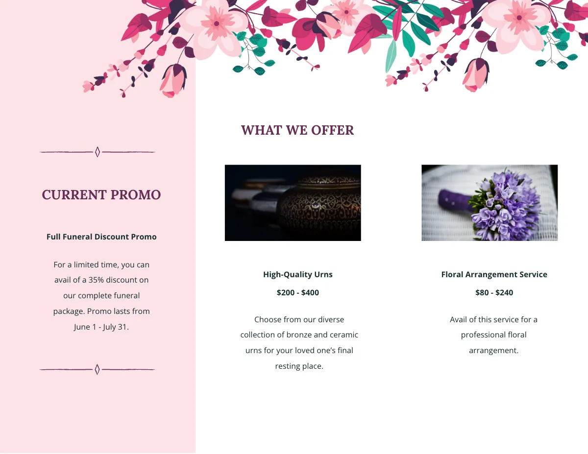 Free Floral Funeral Memorial Tri-Fold Brochure Template to Edit Online