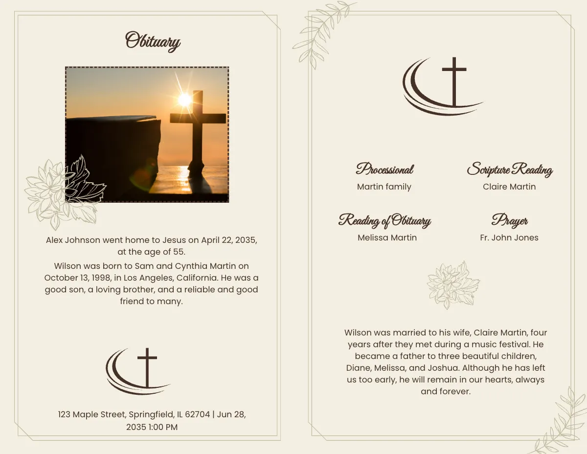 Free Printable Funeral Obituary Bi-Fold Brochure Template to Edit Online