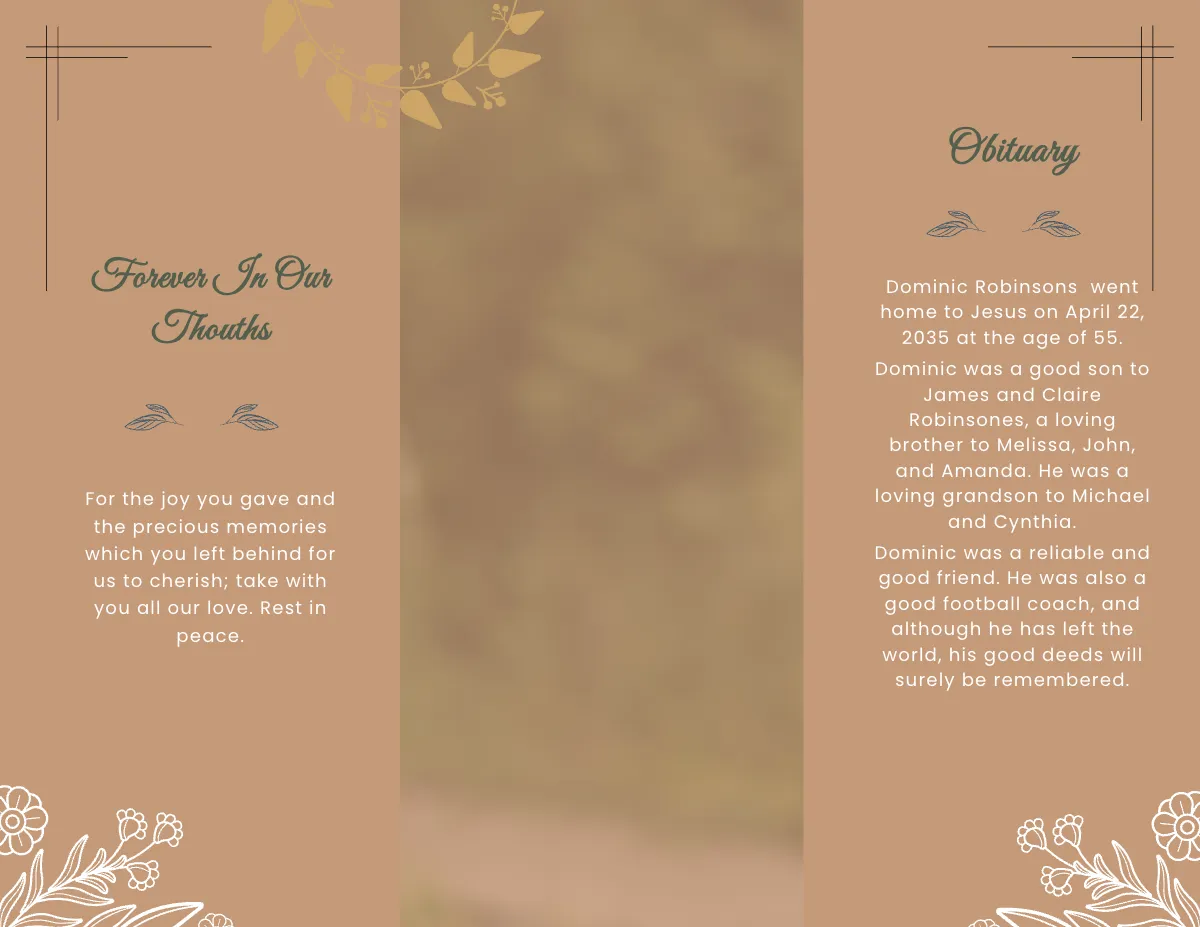 Free Printable Funeral Obituary Tri-Fold Brochure Template to Edit Online