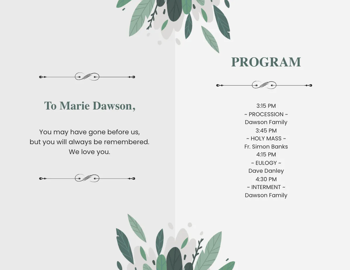 Free Religious Funeral Obituary Bi-Fold Brochure Template to Edit Online