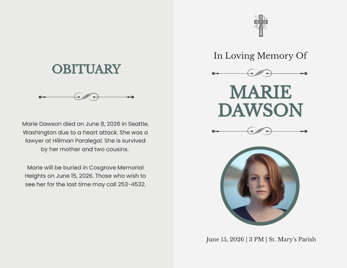 Religious Funeral Obituary Bi-Fold Brochure Template