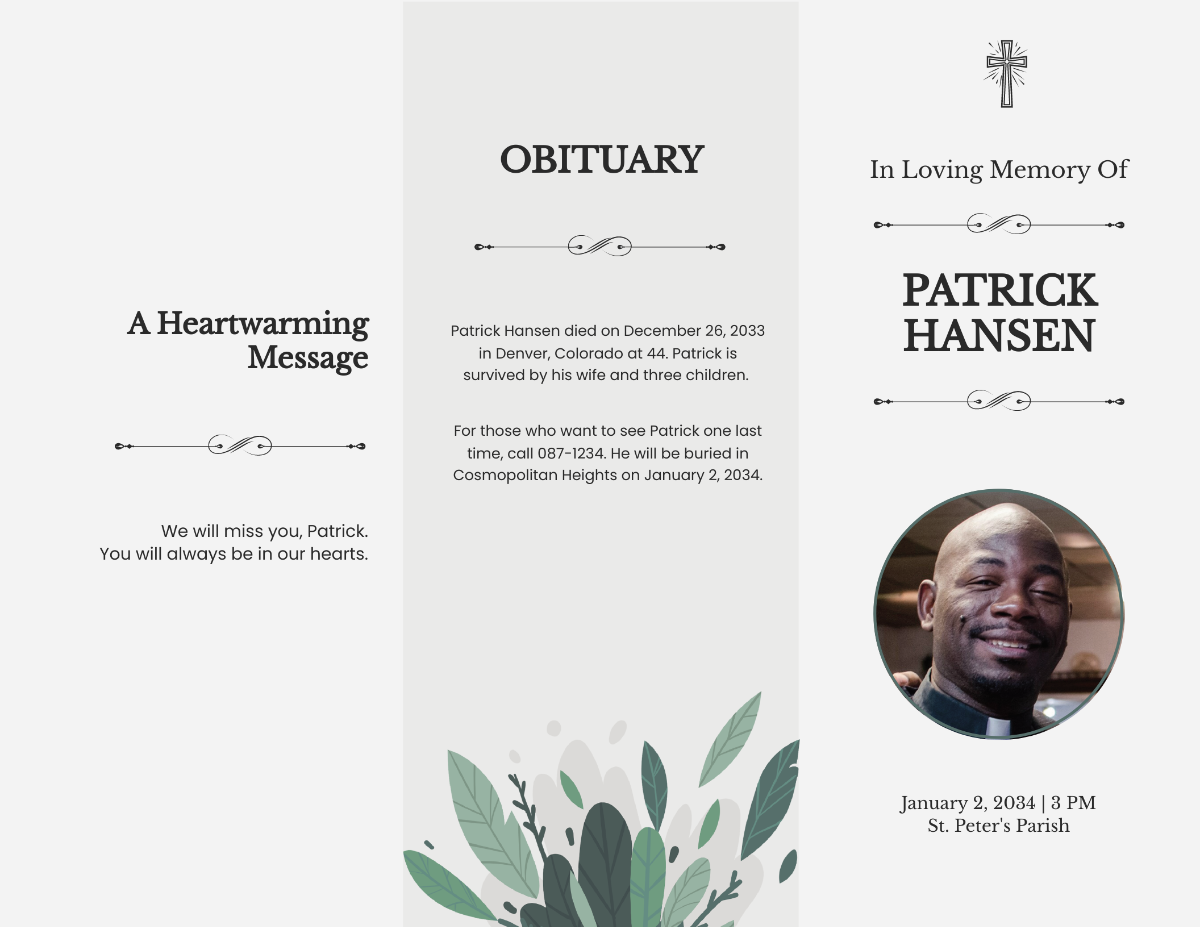 Free Religous Funeral Obituary Tri-Fold Brochure Template
