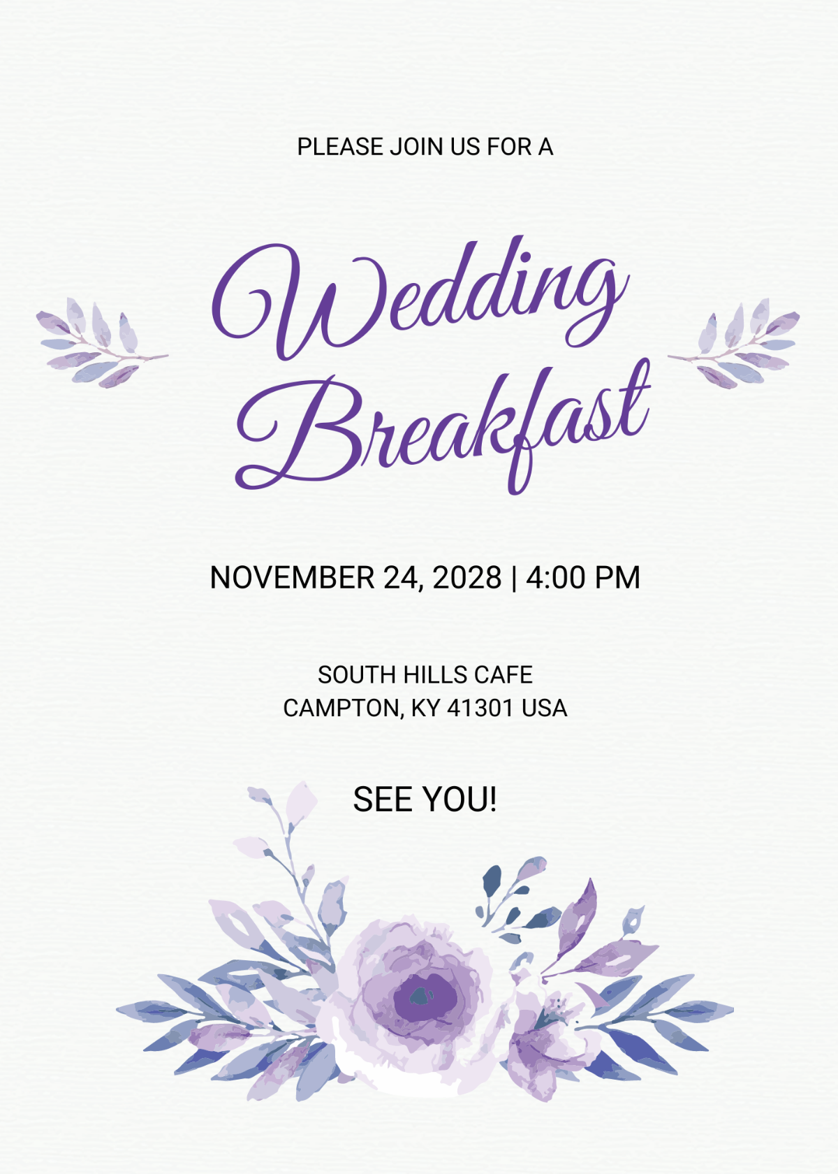 Simple Fall Wedding Breakfast Invitation Template