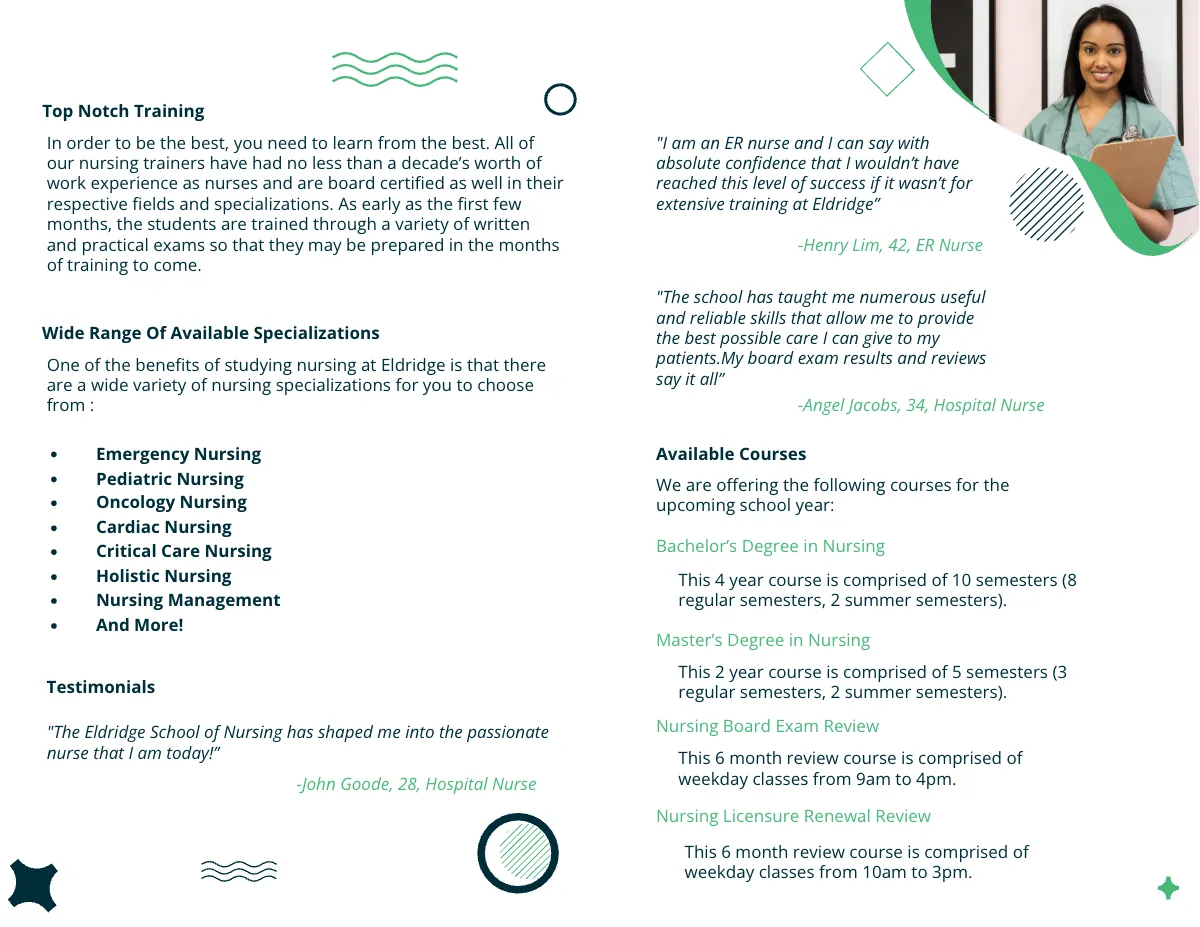 Free Eldridge School of Nursing Bi-Fold Brochure Template to Edit Online