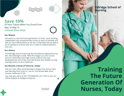 Free Eldridge School of Nursing Bi-Fold Brochure Template to Edit Online