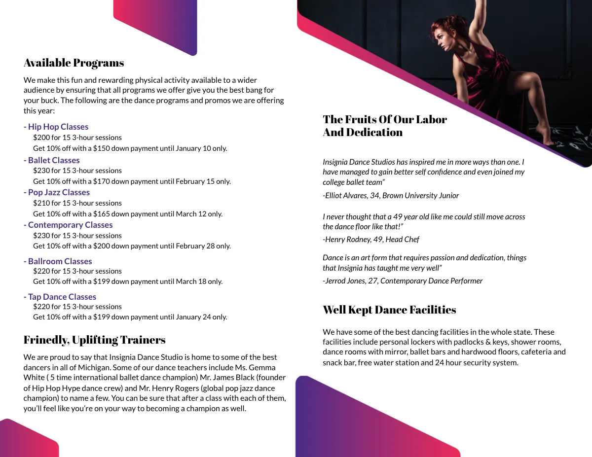 Free Insignia Dance Studio Bi-Fold Brochure Template to Edit Online