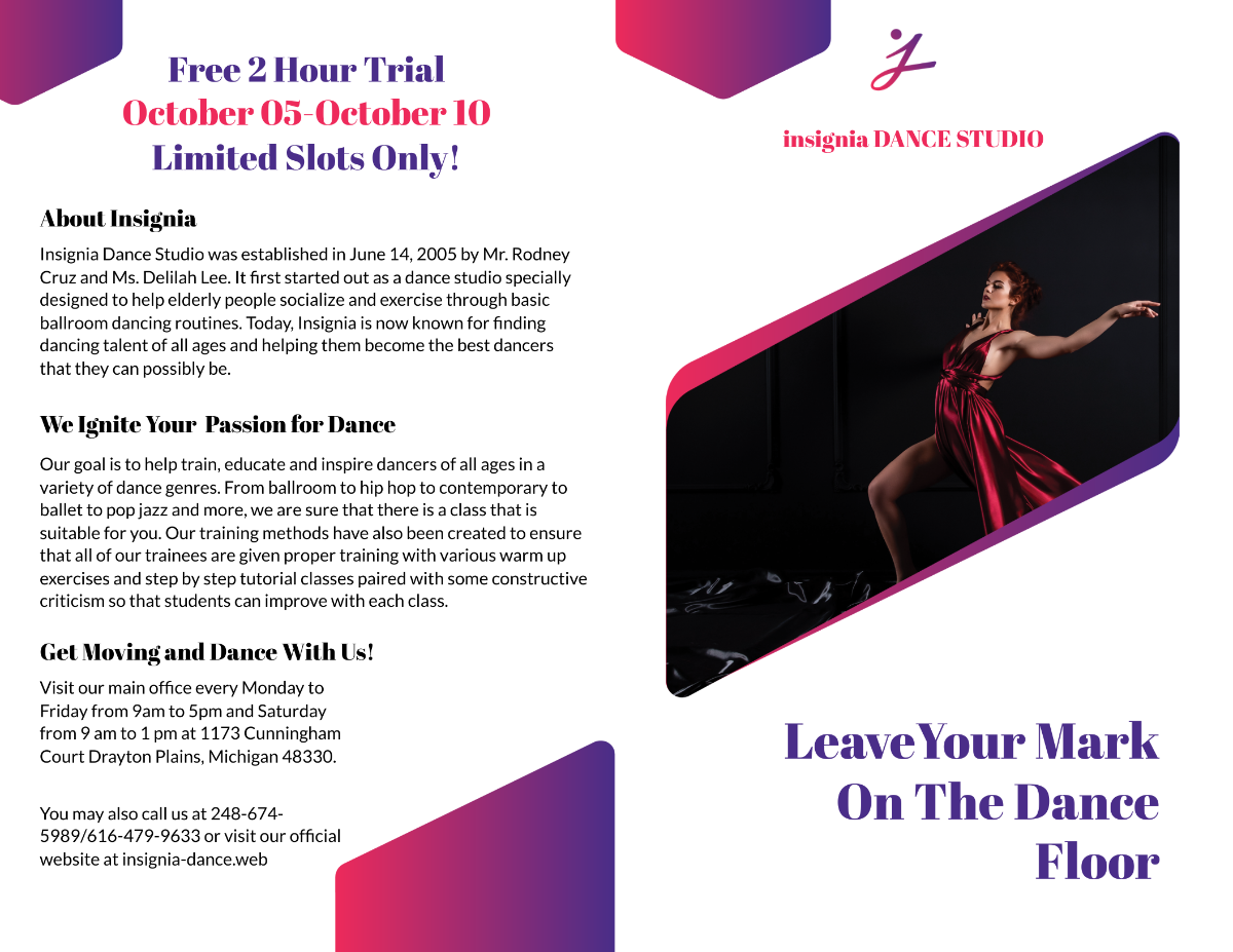 Insignia Dance Studio Bi-Fold Brochure Template - Edit Online & Download