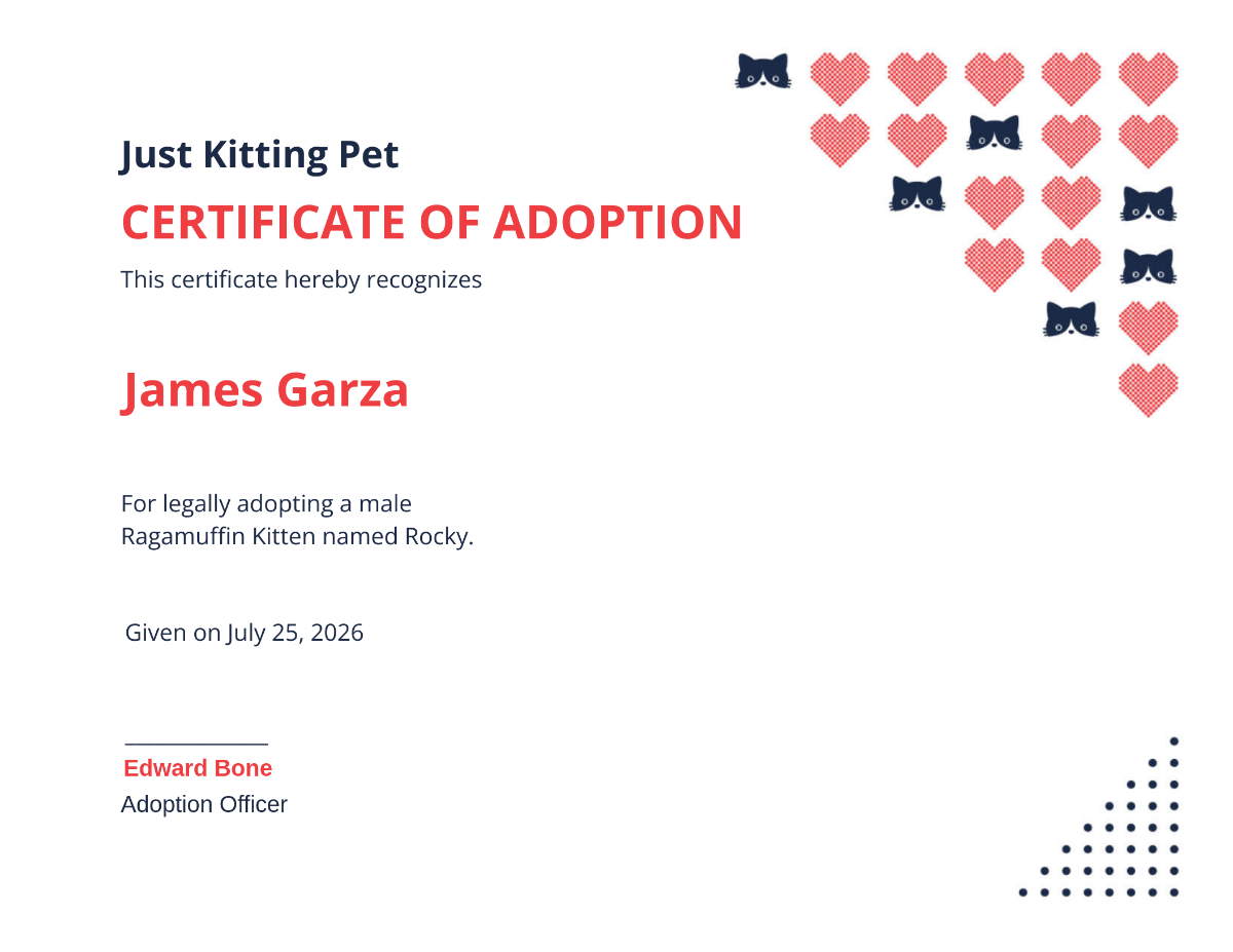Kitten Cat Adoption Certificate