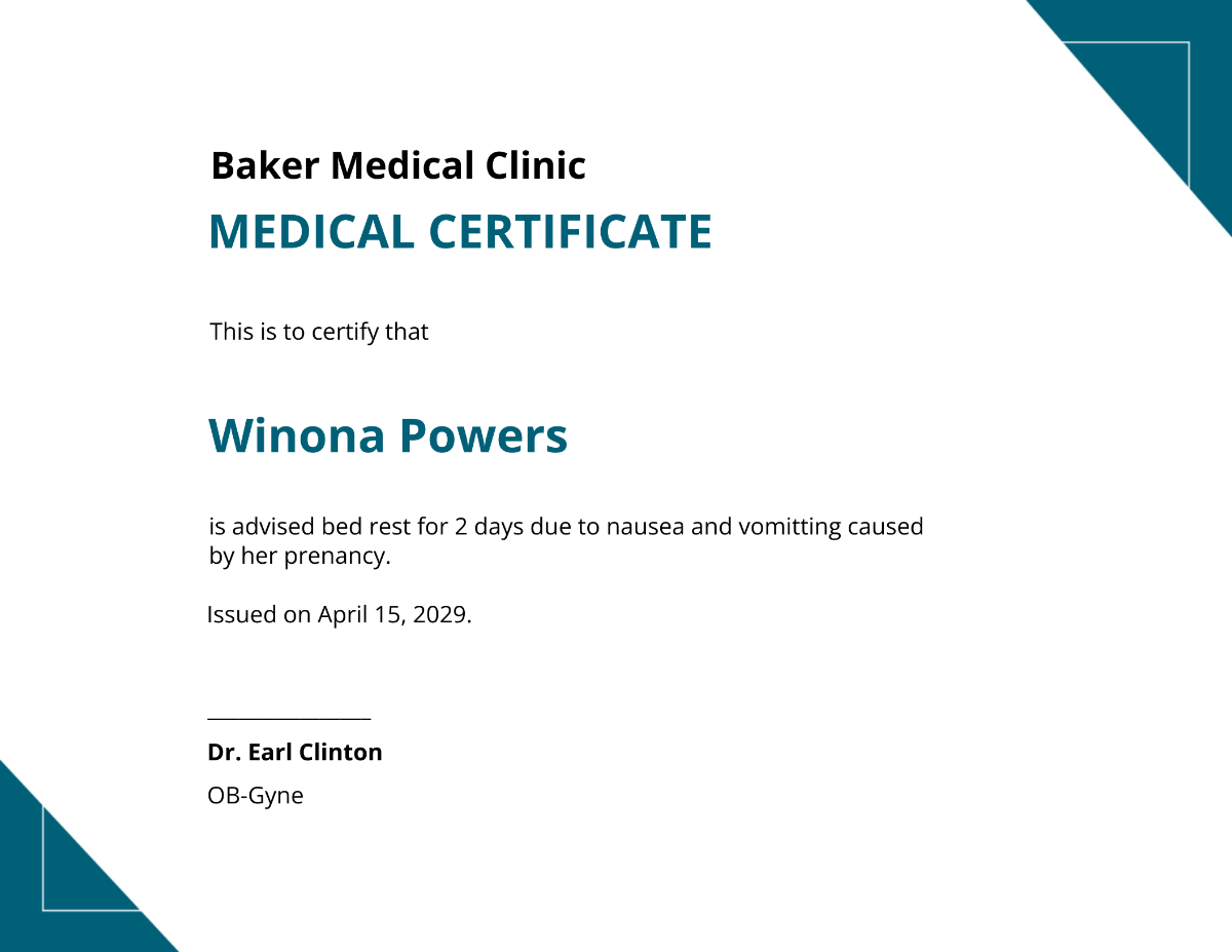 Medical Certificate for Pregnancy Sickness Template