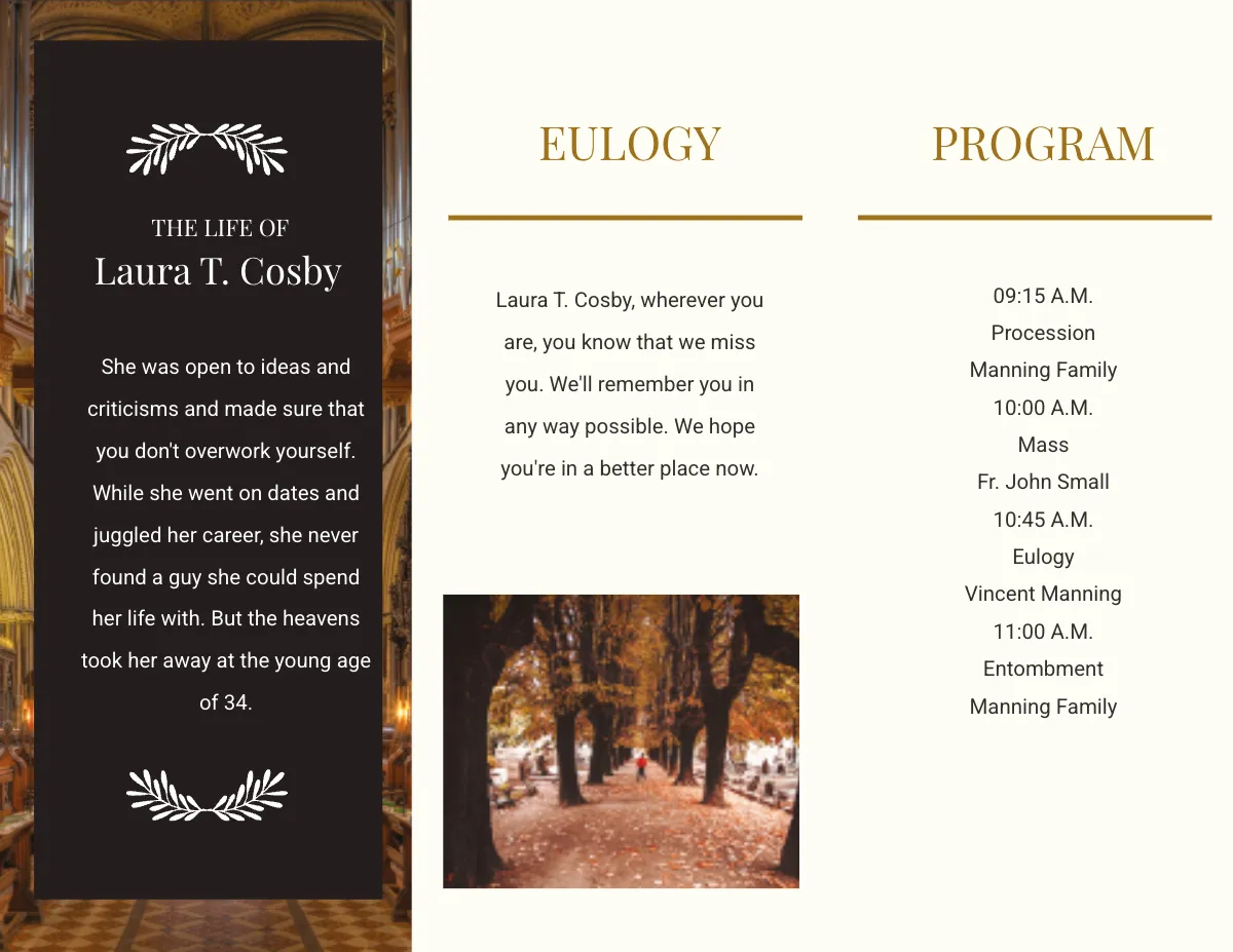 Free Blank Eulogy Funeral Tri-Fold Brochure Template to Edit Online