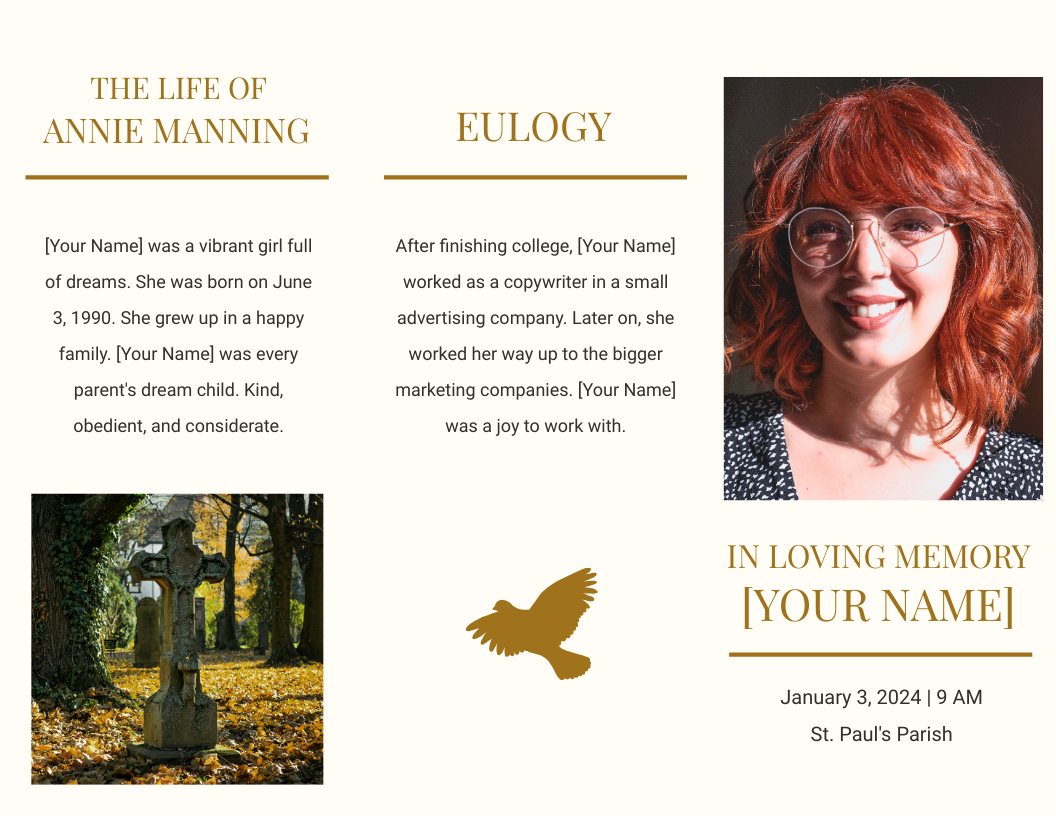 Blank Eulogy Funeral Tri-Fold Brochure
