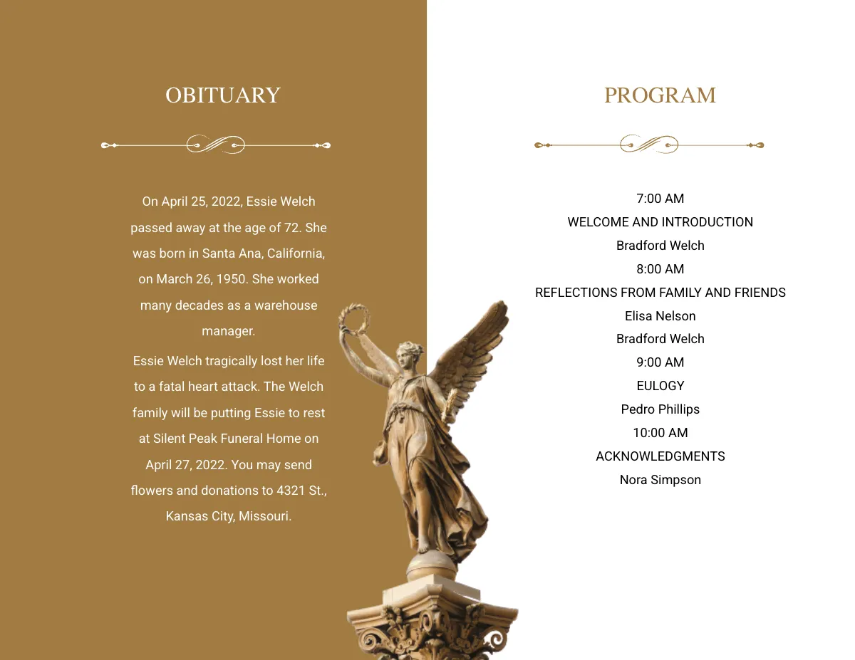 Free Catholic Funeral Obituary Bi-Fold Brochure Template to Edit Online
