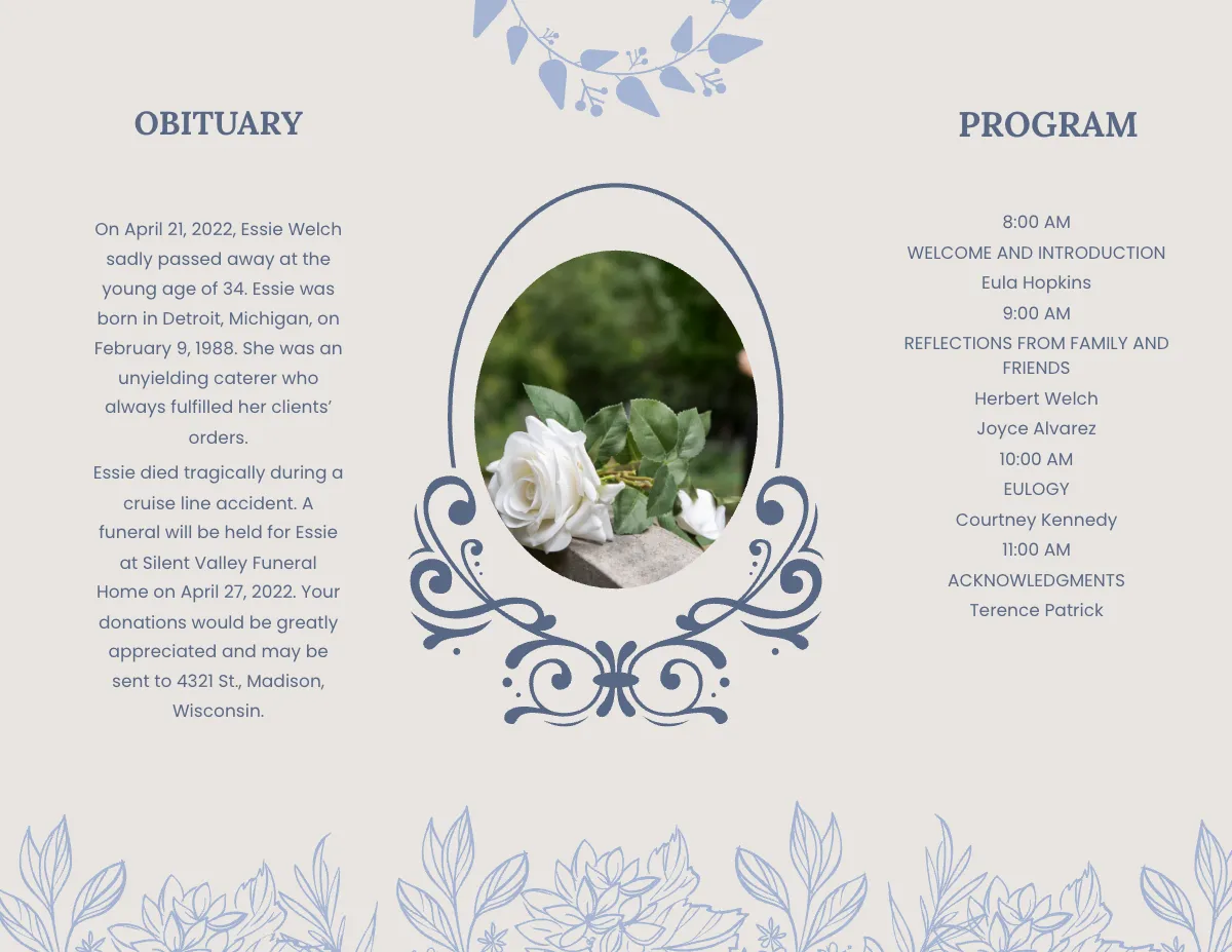 Free Catholic Funeral Obituary Tri-Fold Brochure Template to Edit Online