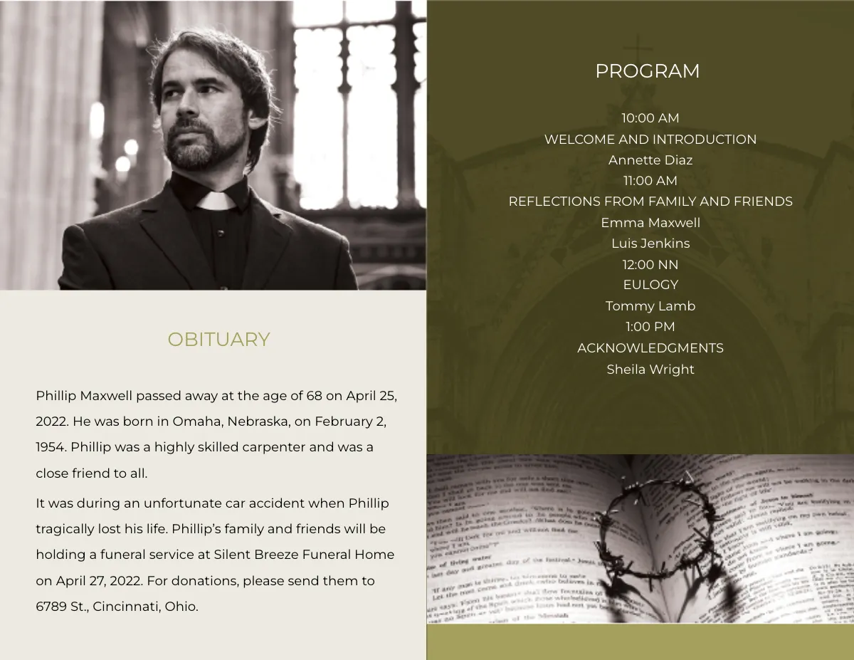 Free Catholic Funeral Program Bi-Fold Brochure Template to Edit Online