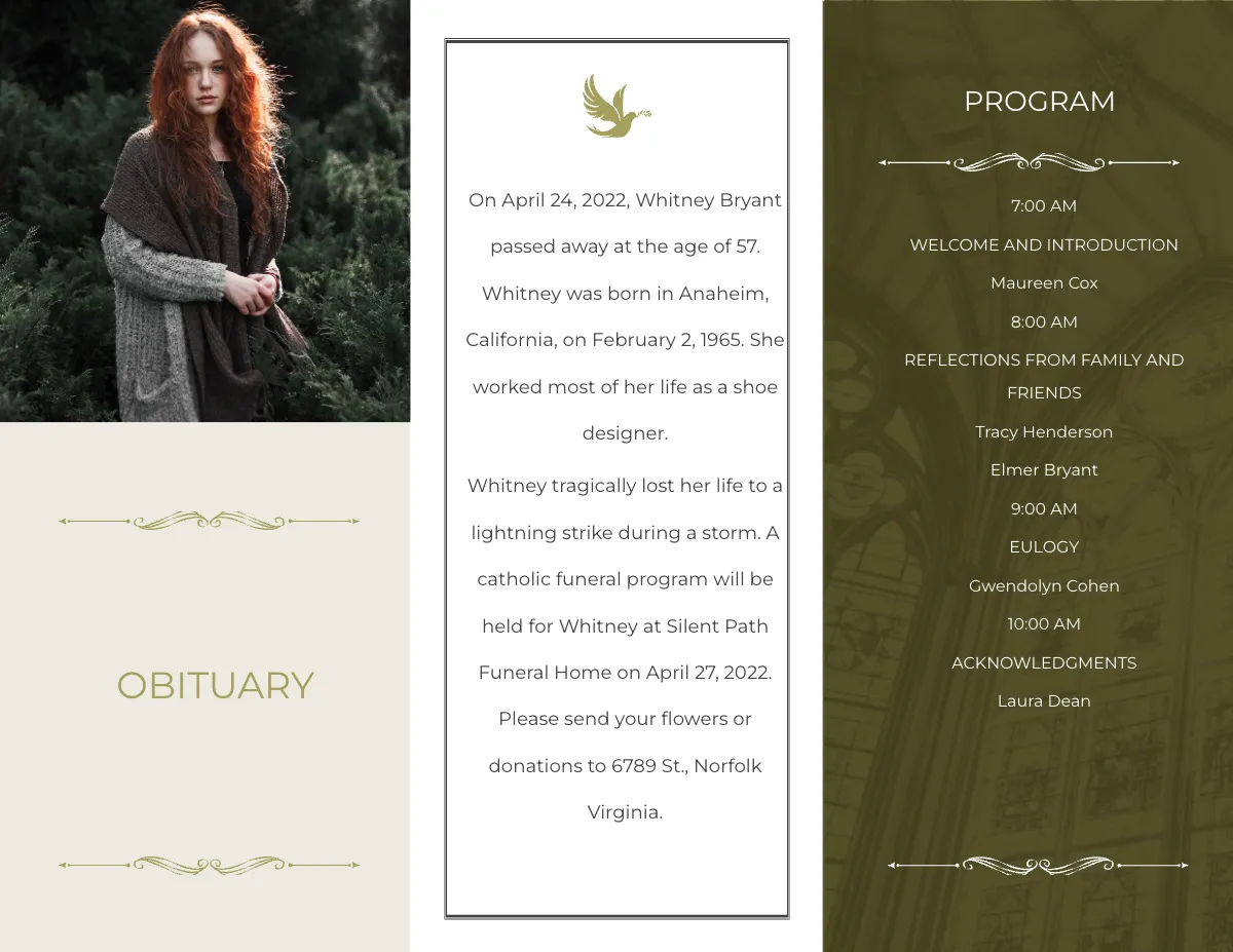 Free Catholic Funeral Program Tri-Fold Brochure Template to Edit Online