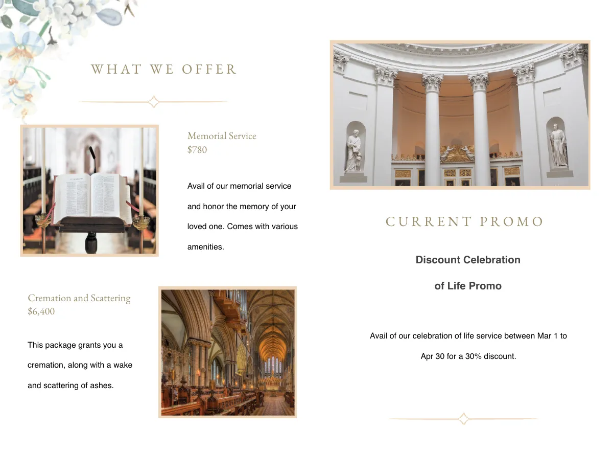 Free Celebration Of Life Funeral Memorial Bi-Fold Brochure Template to Edit Online
