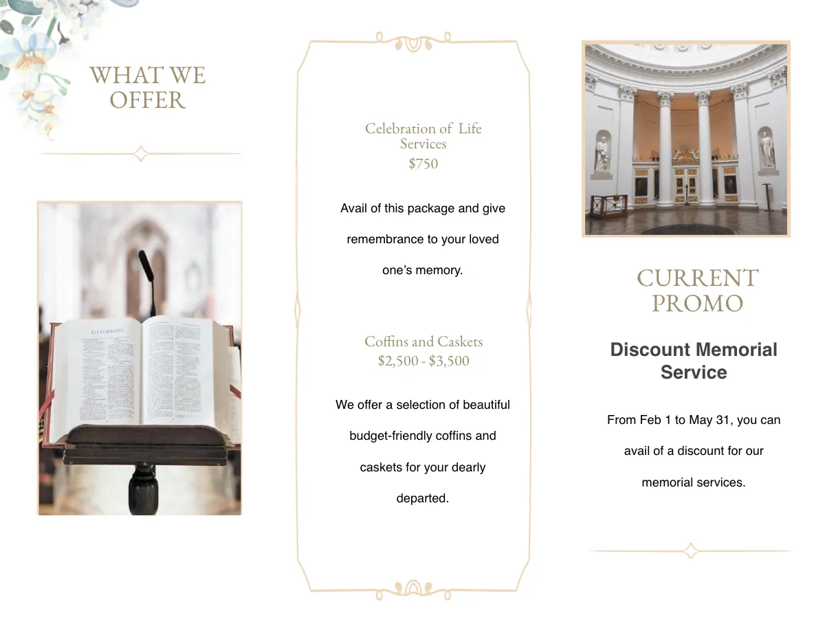 Free Celebration Of Life Funeral Memorial Tri-Fold Brochure Template to Edit Online