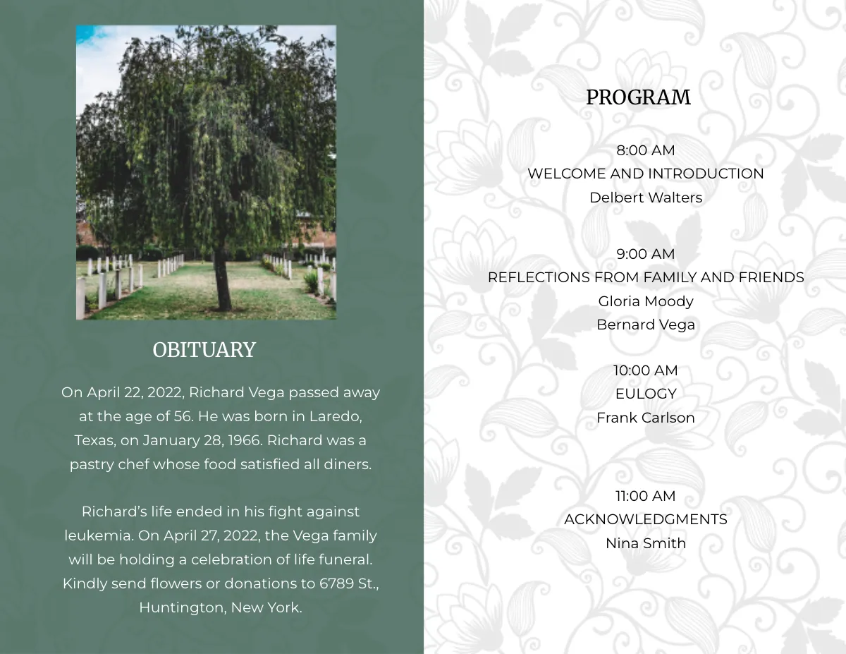 Free Celebration of Life Funeral Obituary Bi-Fold Brochure Template to Edit Online