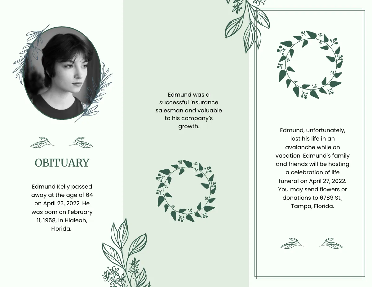 Free Celebration Of Life Funeral Obituary Tri-Fold Brochure Template to Edit Online