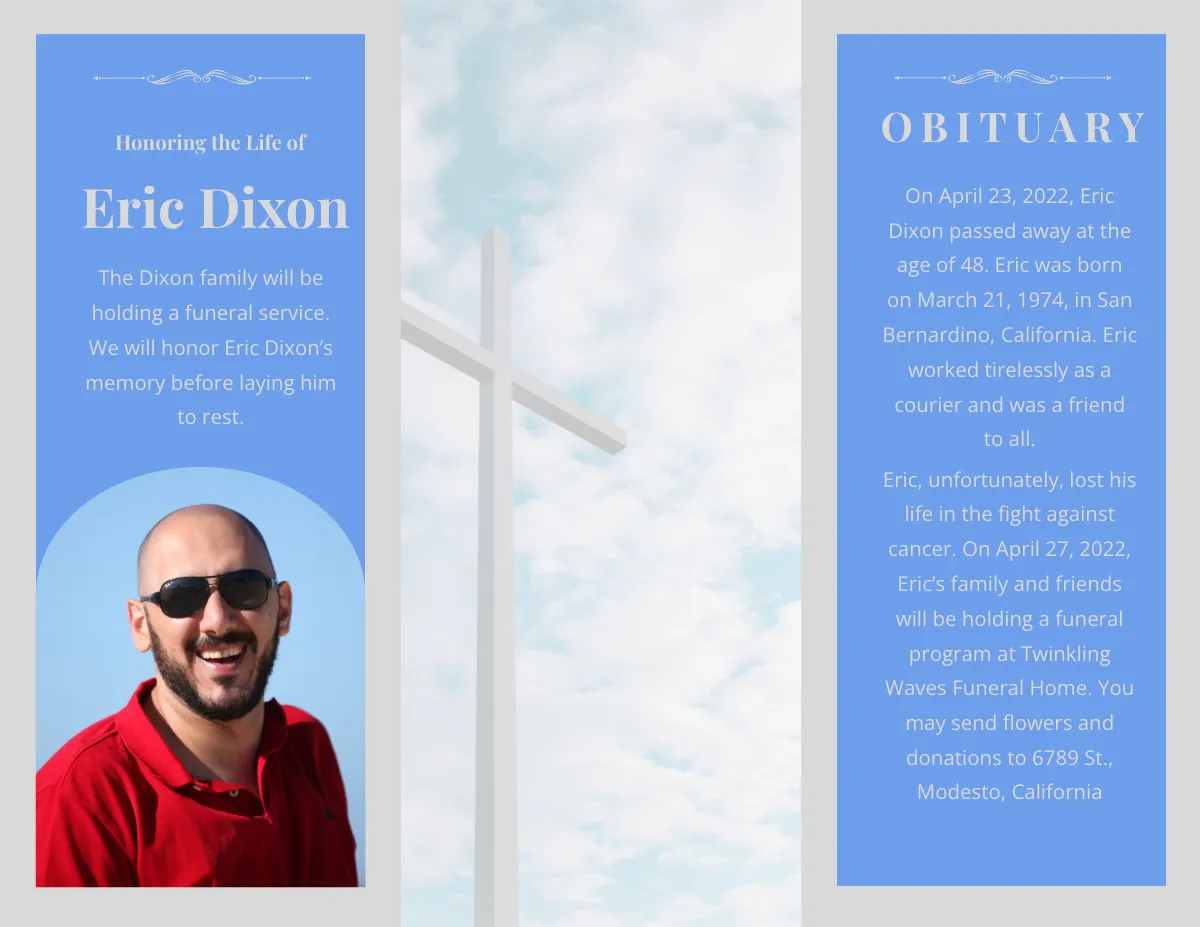 Free Modern Christian Funeral Obituary Tri-Fold Brochure Template to Edit Online
