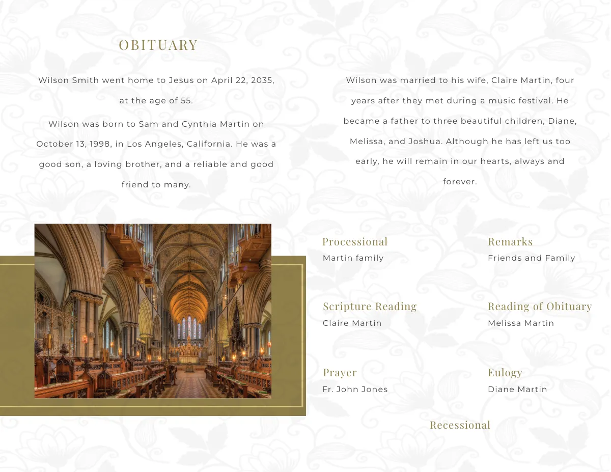 Free Aesthetic Church Funeral Obituary Bi-Fold Brochure Template to Edit Online