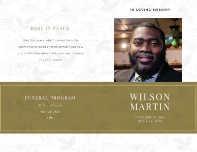 Free Aesthetic Church Funeral Obituary Bi-Fold Brochure Template to Edit Online