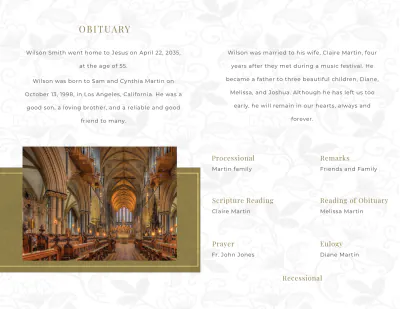 Free Aesthetic Church Funeral Obituary Bi-Fold Brochure Template to Edit Online