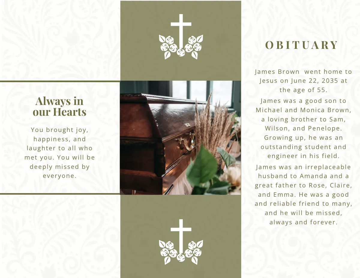 Free Church Funeral Obituary Tri-Fold Brochure Template to Edit Online