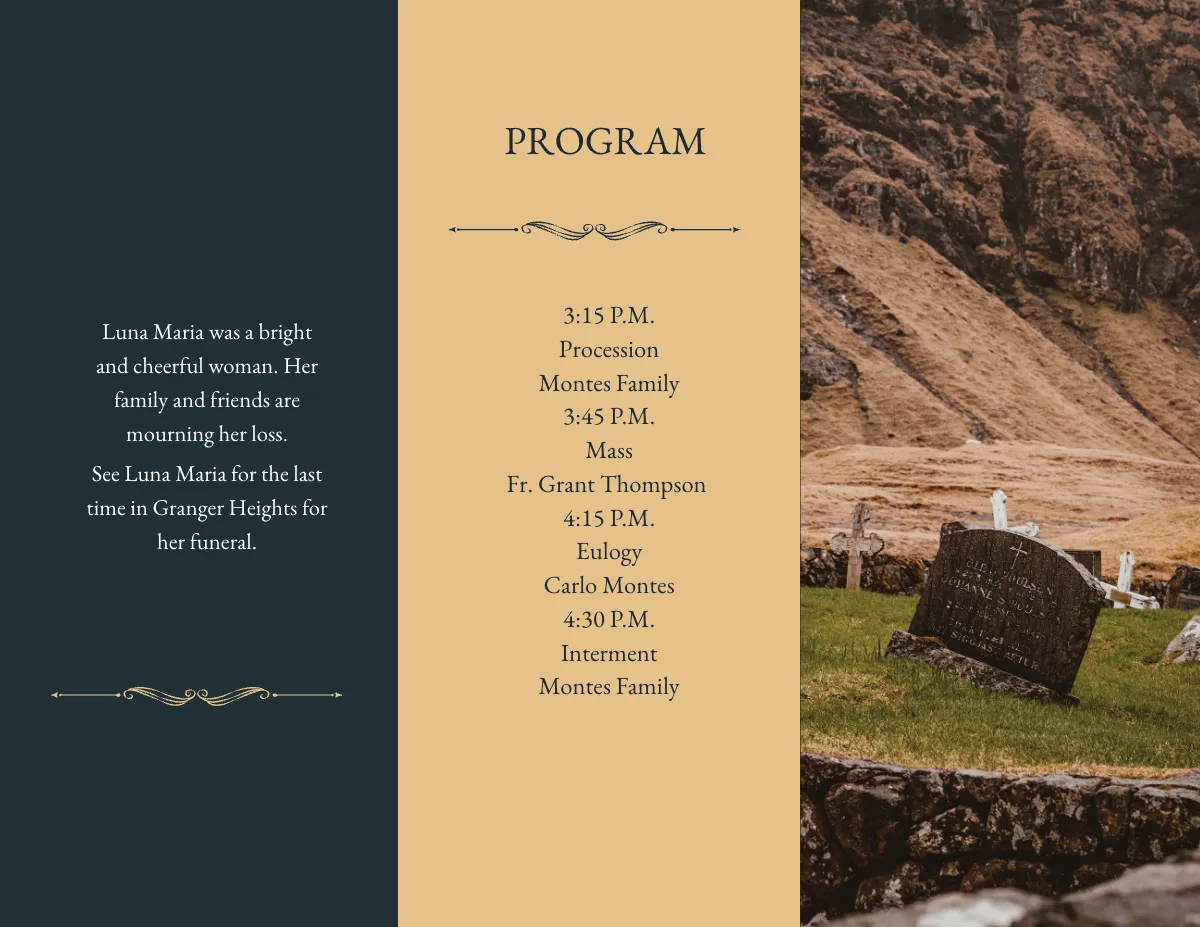 Free Classic Funeral Obituary Tri-Fold Brochure Template to Edit Online