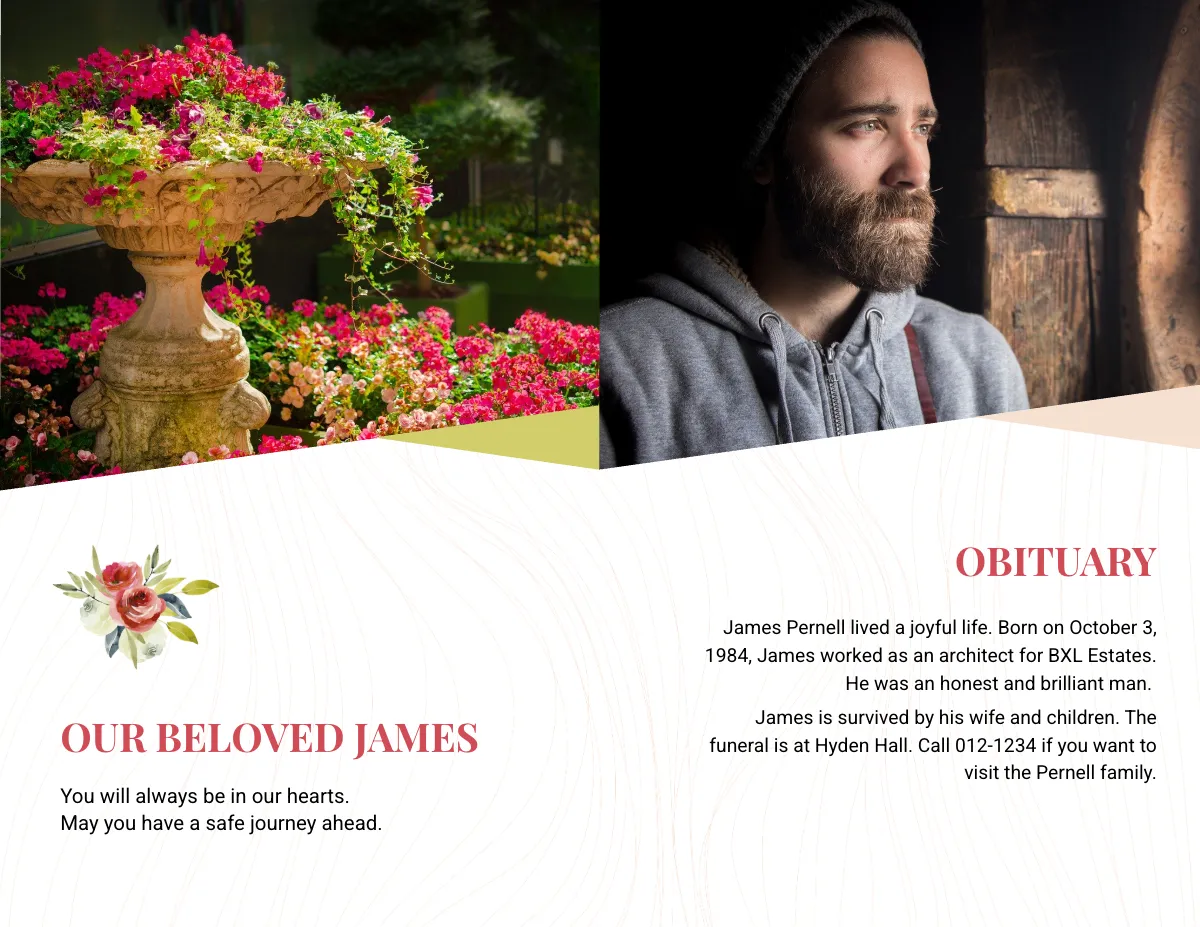 Free Floral Funeral Obituary Bi-Fold Brochure Template to Edit Online
