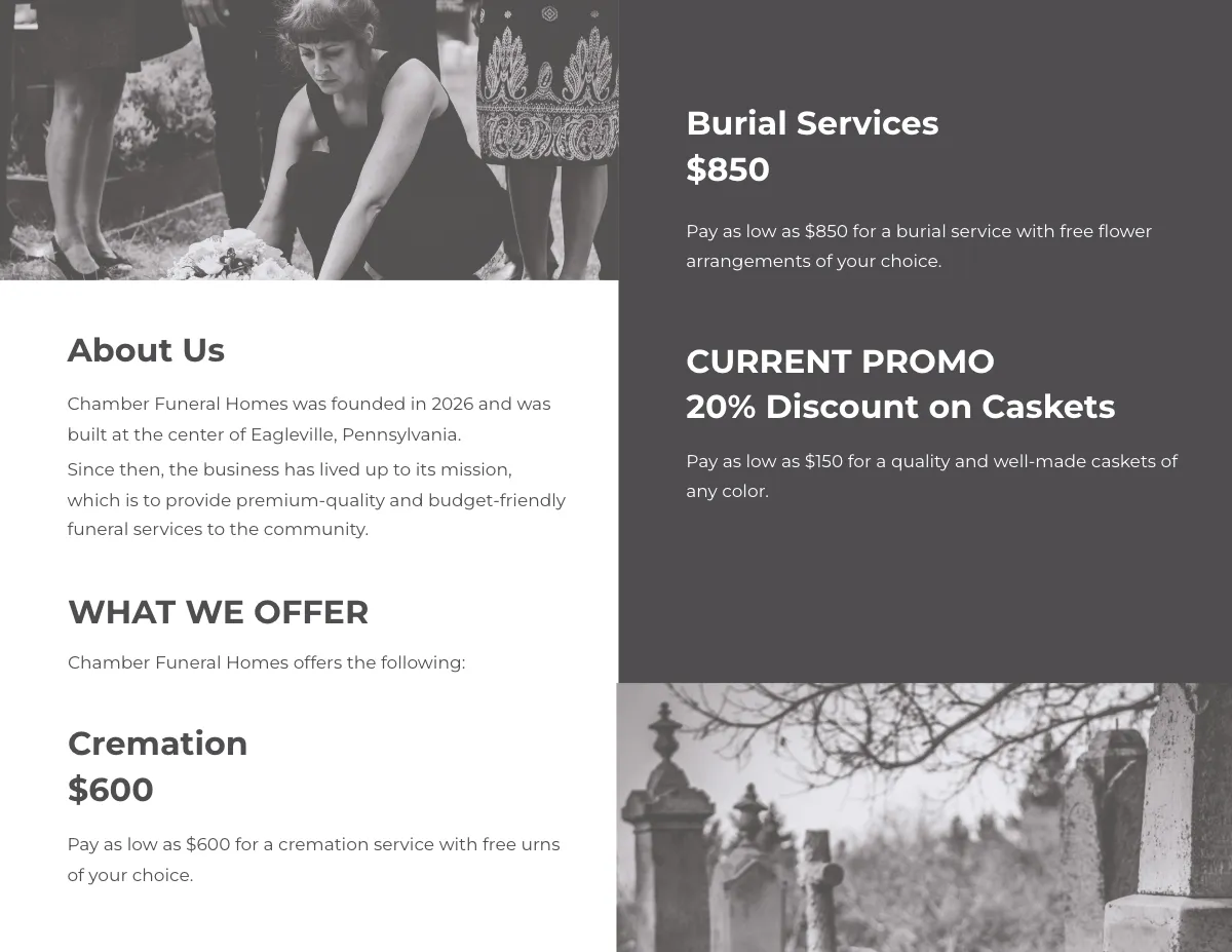Free Funeral Home Sales Bi-Fold Brochure Template to Edit Online