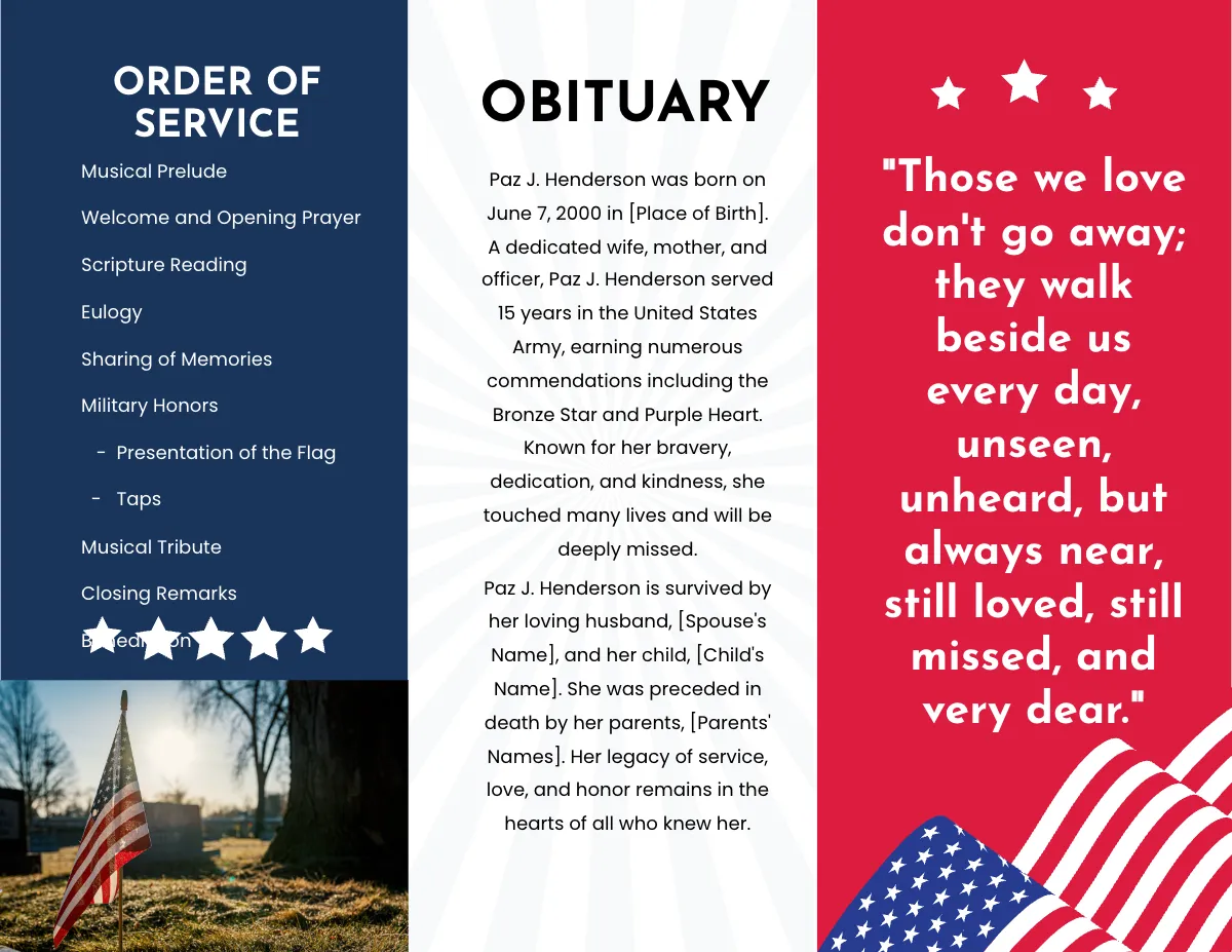 Free Military Funeral Memorial Tri-Fold Brochure Template to Edit Online