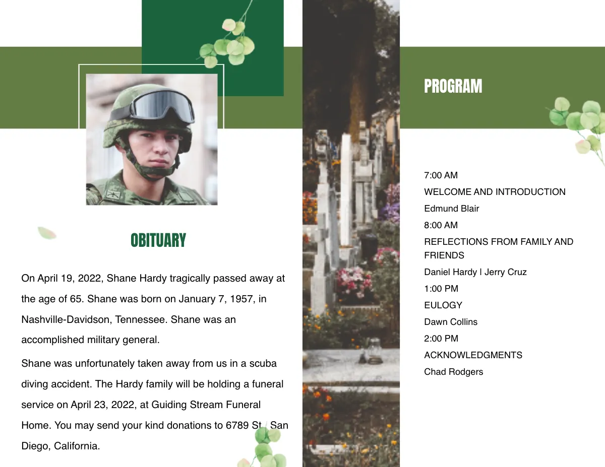 Free Military Funeral Obituary Bi-Fold Brochure Template to Edit Online