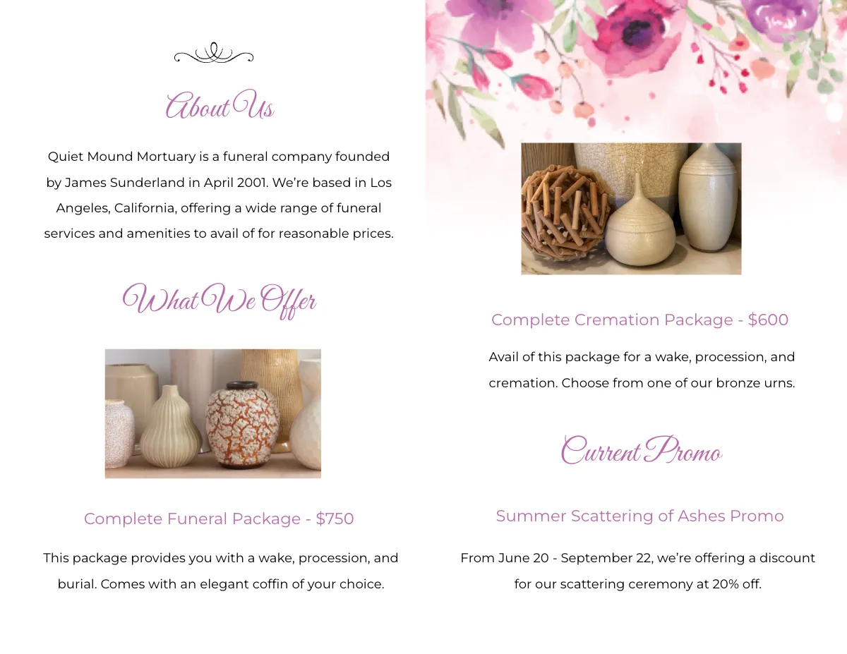 Free Mortuary Funeral Home Bi-Fold Brochure Template to Edit Online