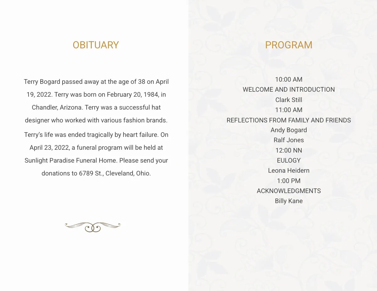 Free Order Of Service Funeral Obituary Bi-Fold Brochure Template to Edit Online