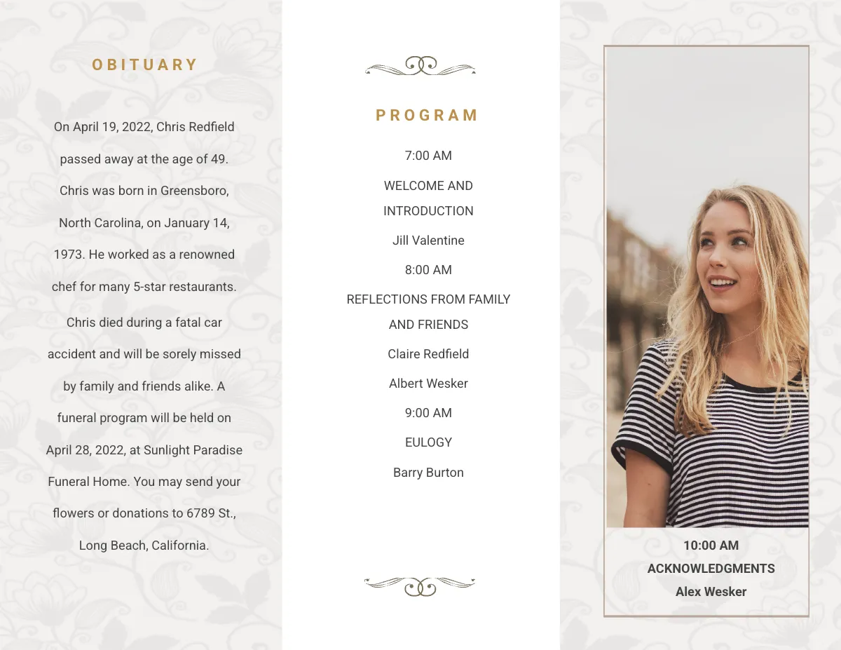 Free Order Of Service Funeral Obituary Tri-Fold Brochure Template to Edit Online